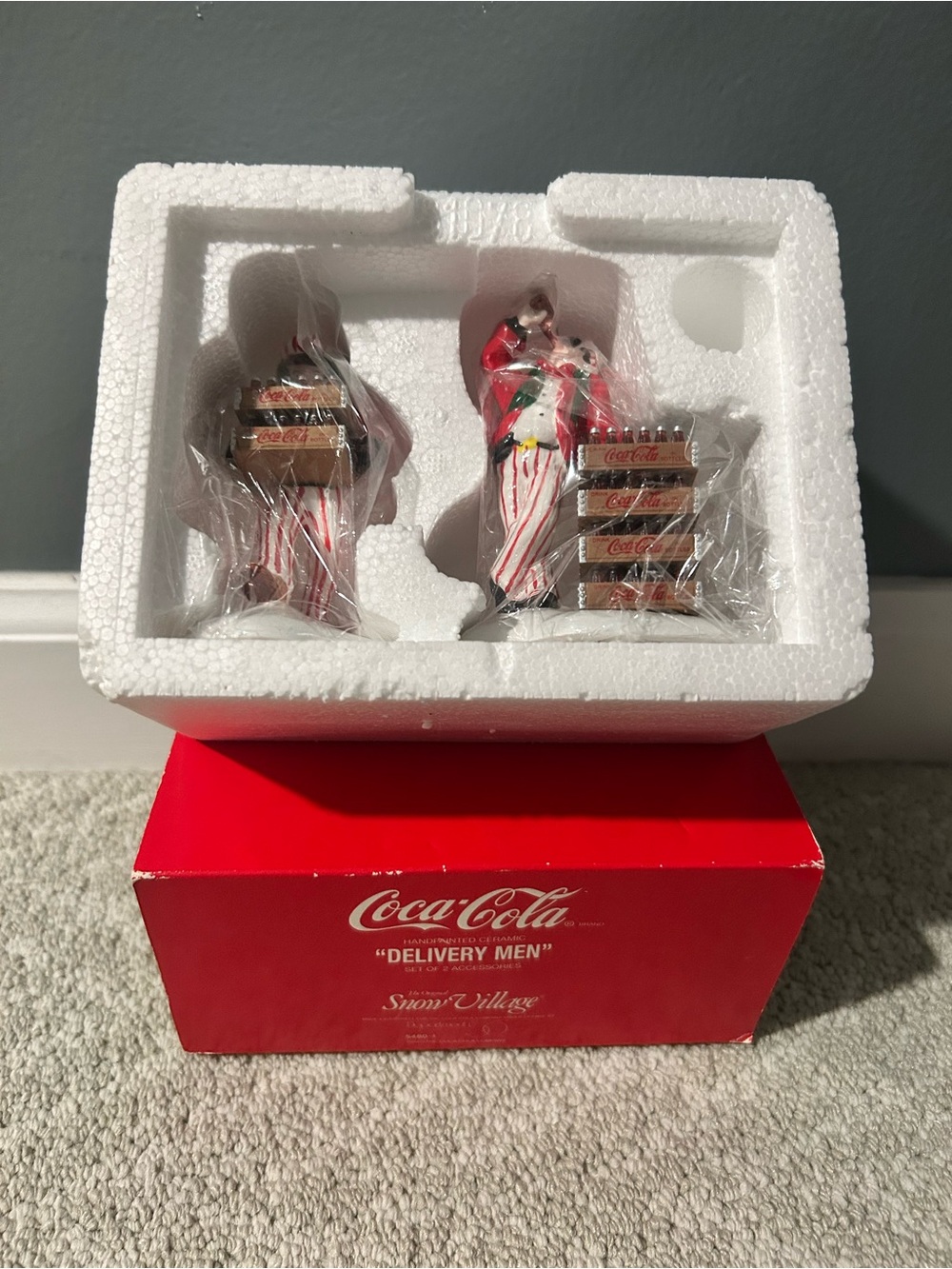 Vintage coca-cola set of two Snow Village delivery men in original packaging